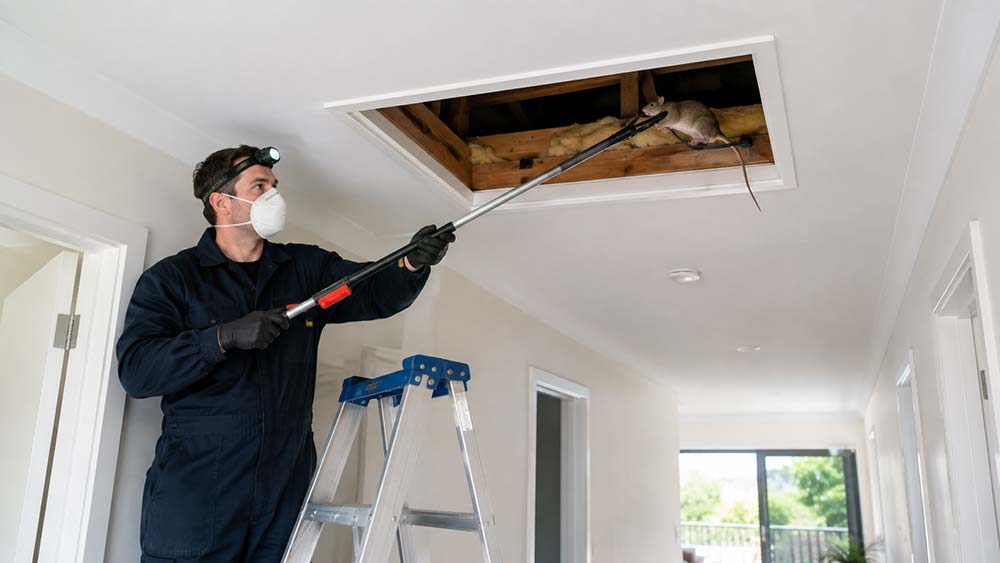 Technician safely removing a dead rat from a residential garage
