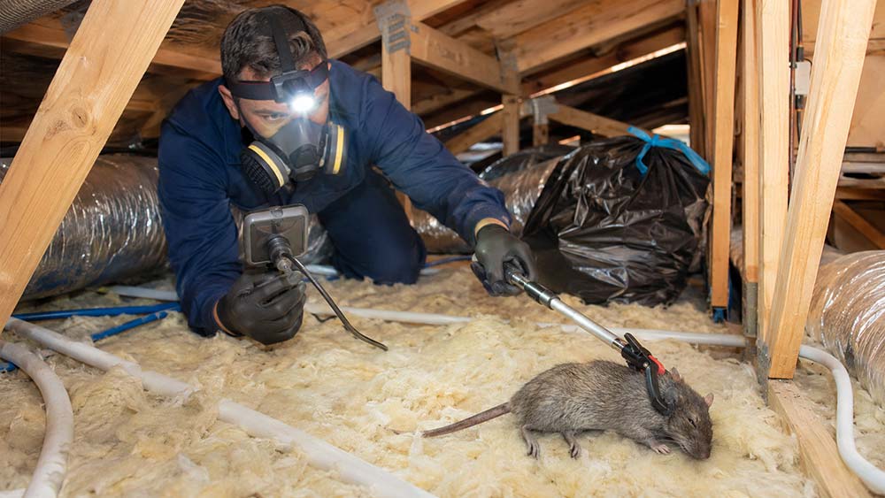 Technician safely removing a dead rat from a residential garage