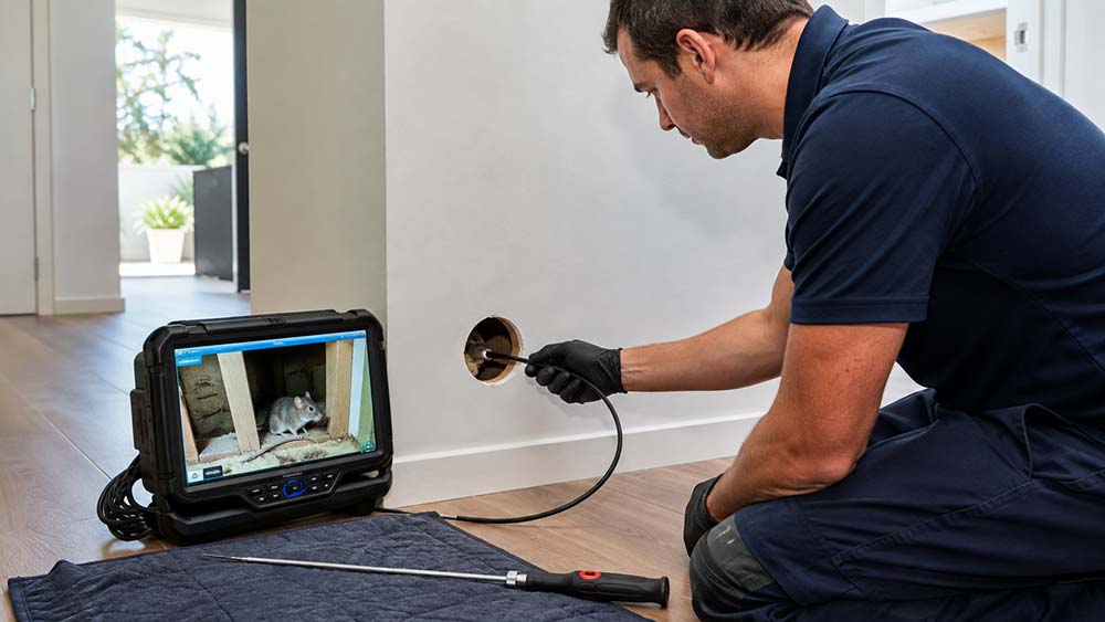 Technician safely removing a dead rat from a residential garage